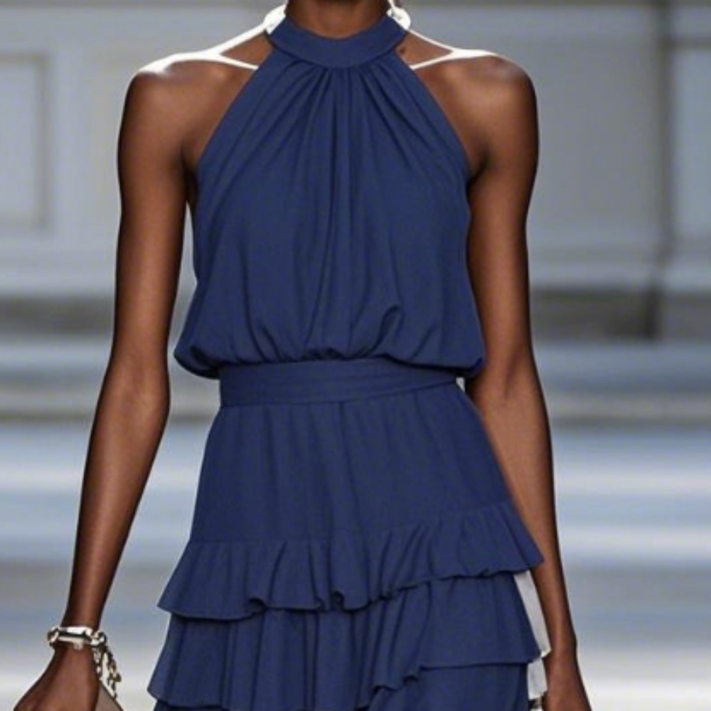 Navy Peplum Chiffon Halter Sleeveless A-Line Maxi Two-piece Dress